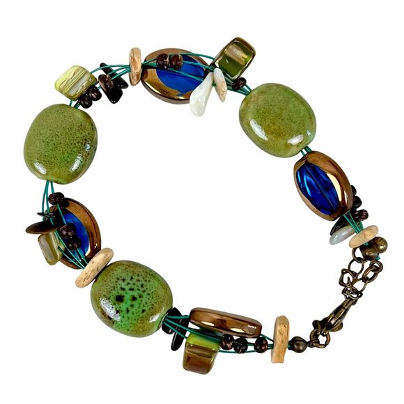 Retired Premier Designs Jewelry Bracelet Island Girl Green & Blue Beads Adjustab - Picture 2 of 6
